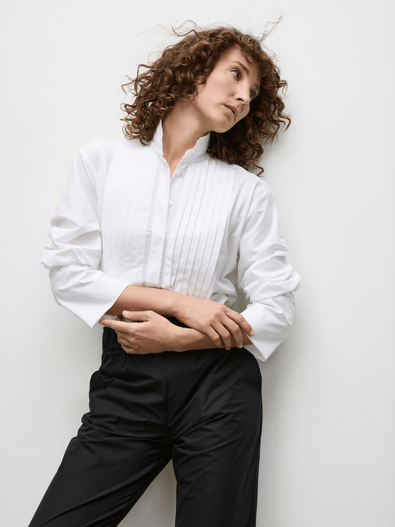 Mela Purdie Powder Tux Shirt in White Chalk White 8650 Mela Purdie Stockist Online Australia Signature of Double Bay Tops Dresses Elegant Clothing