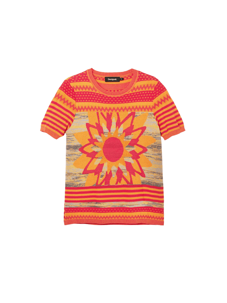 Desigual Short Sleeve Flower Knit Top in Orange Shop Desigual Stockist Online Australia Signature of Double Bay Fashion Ethical mature fashion