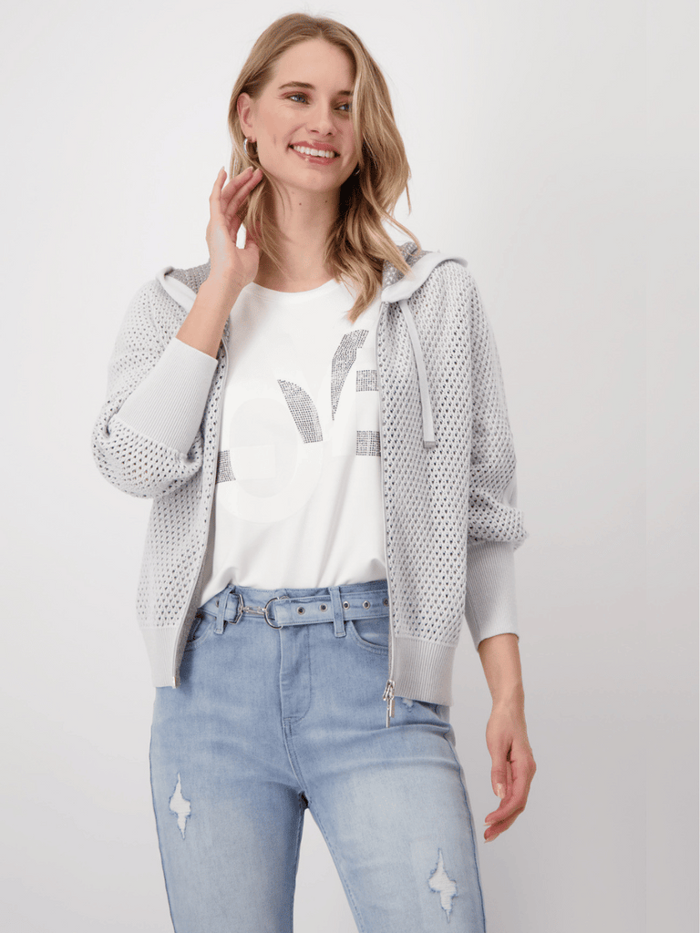 Monari Ajour Zip Hoodie Cardigan in Cloudy Grey Discover the Elegant Monari Collection at Signature of Double Bay, Shop Stylish Knitwear, Dresses, and Tops Online from Sydney's Premier Mature Fashion Boutique