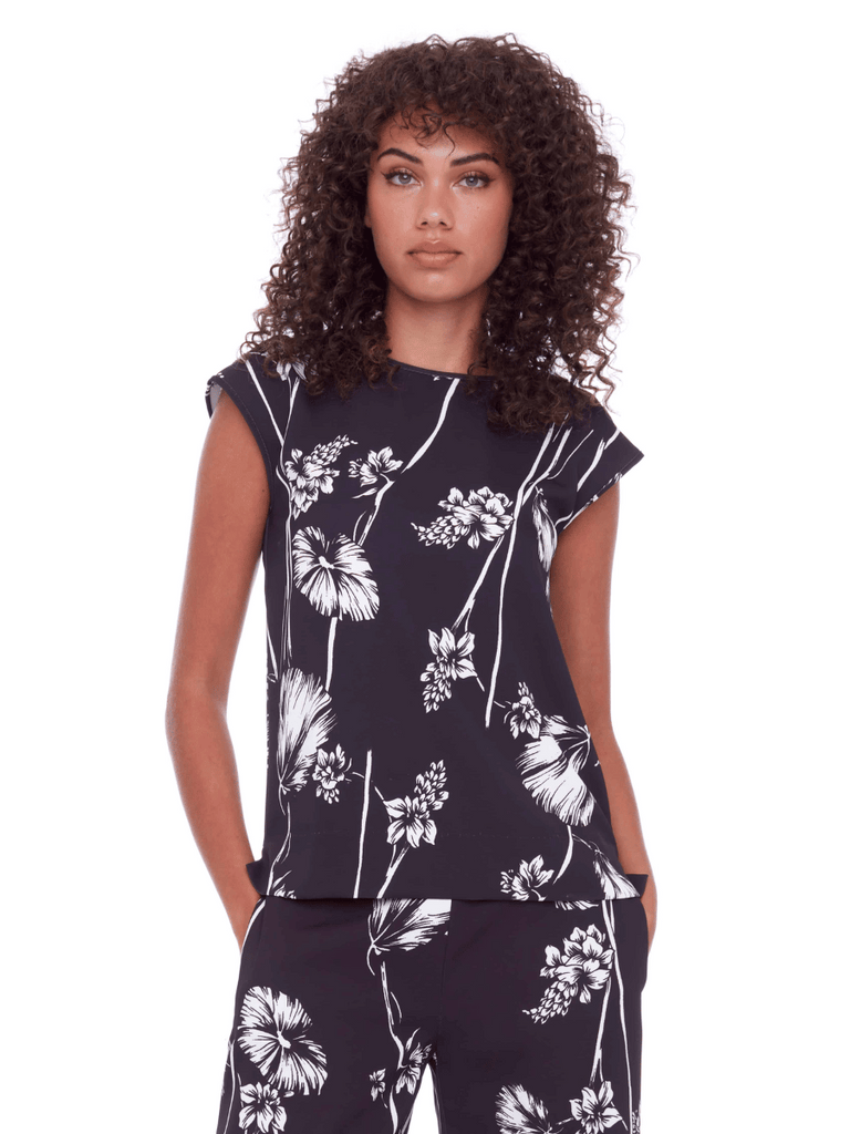 UP! PANTS Vegan Silk Cap Sleeve T-Shirt in Navy and White Wildflower Print 30334 Up Pants Tummy control stockist online Australia flattering body contouring shaping pants high rise waistband signature of double bay Sydney fashion