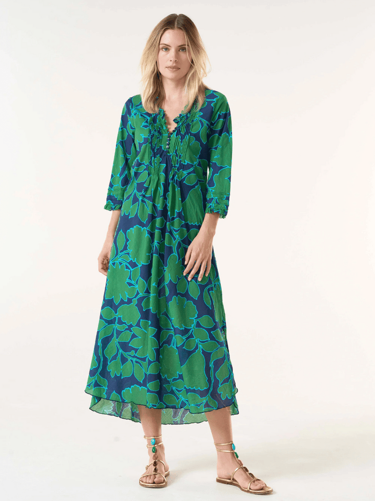 Oneseason Long Poppy Dress in Green Porto Vecchio Print Oneseason One Season lightweight and stylish resort wear Australian fashion label official stockist Signature of Double Bay