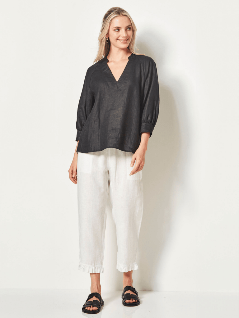 VERGE Linen V Neck Lola Top in Black 8654 Verge Stockist Online Australia Signature of Double Bay Mature Fashion Acrobat Flattering