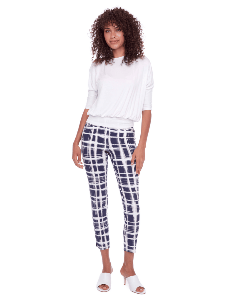 Up! Pants Tummy Control Slim Petal Pant 28" in Greece Print 68026 Blue and white Up Pants Tummy control stockist online Australia flattering body contouring shaping pants high rise waistband signature of double bay Sydney fashion