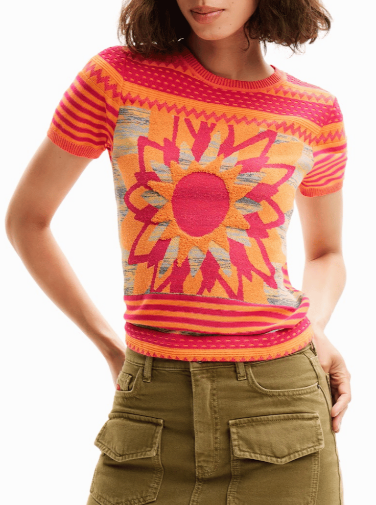 Desigual Short Sleeve Flower Knit Top in Orange Shop Desigual Stockist Online Australia Signature of Double Bay Fashion Ethical mature fashion