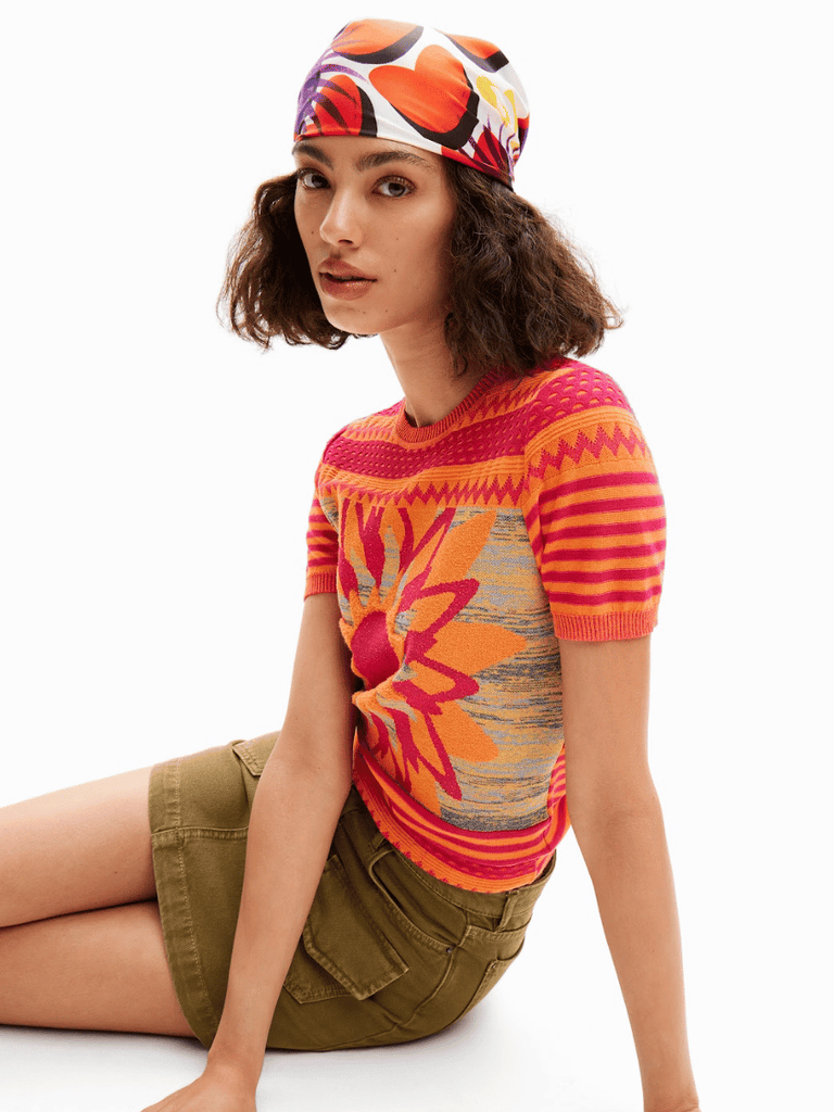 Desigual Short Sleeve Flower Knit Top in Orange Shop Desigual Stockist Online Australia Signature of Double Bay Fashion Ethical mature fashion