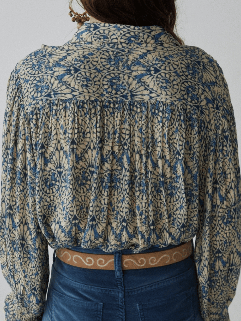 Maison Hotel Phoenix Blouse in Spiral Blues Lapis Lazuli Shop Maison Hotel online store shirts pants and dresses in Sydney Australia official stockist Maison Hotel buy Bohemian french style clothing with hand embroidery and vintage style