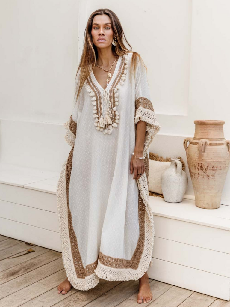 I Am Pylgrym Lordes Long Kaftan Dress in Ecru I Am Pylgrym pilgrim official stockist sydney online Signature of Double Bay in stock womens bohemian coastal clothing bold prints kaftans long dresses