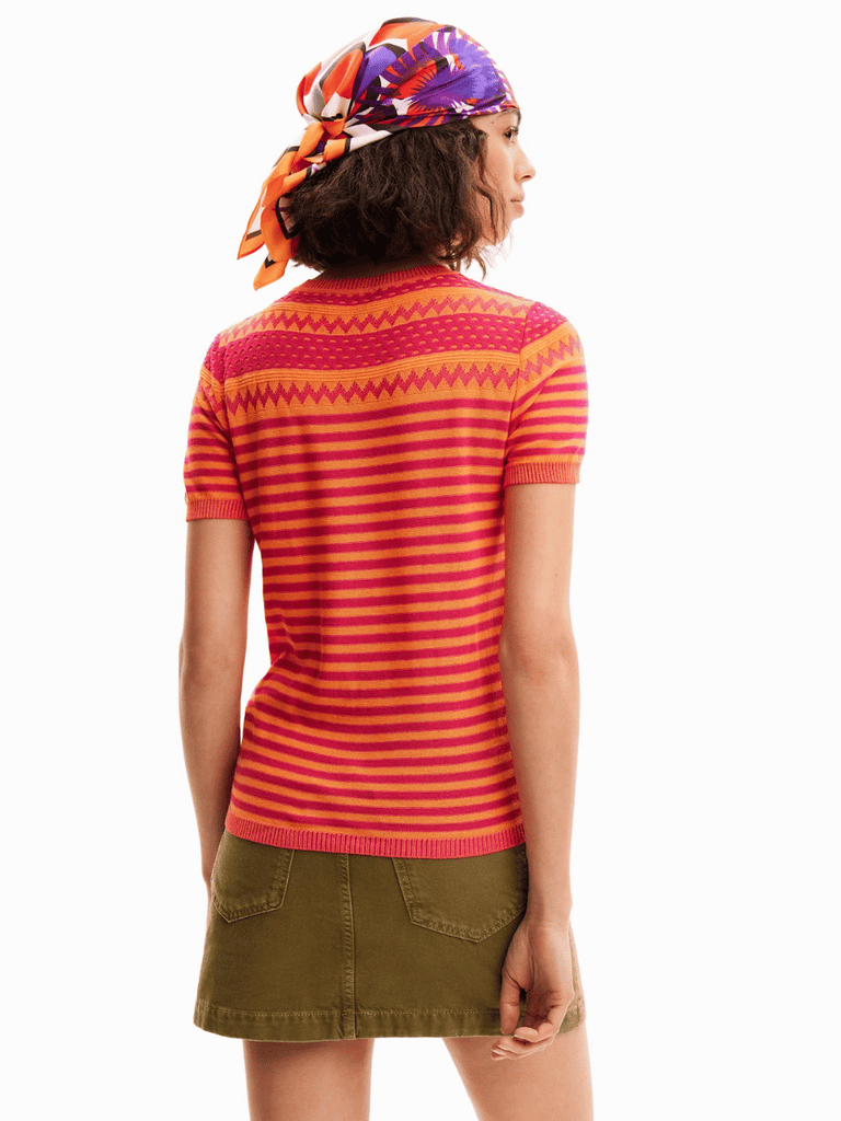 Desigual Short Sleeve Flower Knit Top in Orange Shop Desigual Stockist Online Australia Signature of Double Bay Fashion Ethical mature fashion