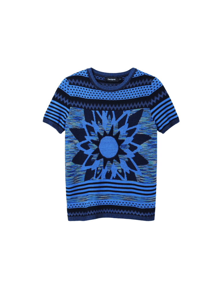 Desigual Short Sleeve Flower Knit Top in Royal Blue Desigual Stockist Online Signature of Double Bay European Spanish Fashion Mature Fashion jackets Blazers dresses shirts