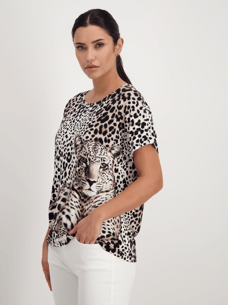 Monari Leopard Print Round Neck Short Sleeve T-Shirt 408203 Discover the Elegant Monari Collection at Signature of Double Bay, Shop Stylish Knitwear, Dresses, and Tops Online from Sydney's Premier Mature Fashion Boutique