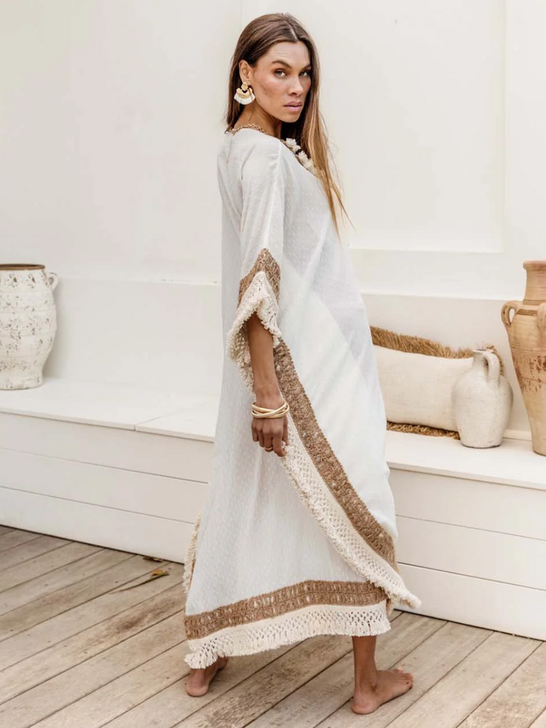 I Am Pylgrym Lordes Long Kaftan Dress in Ecru I Am Pylgrym pilgrim official stockist sydney online Signature of Double Bay in stock womens bohemian coastal clothing bold prints kaftans long dresses