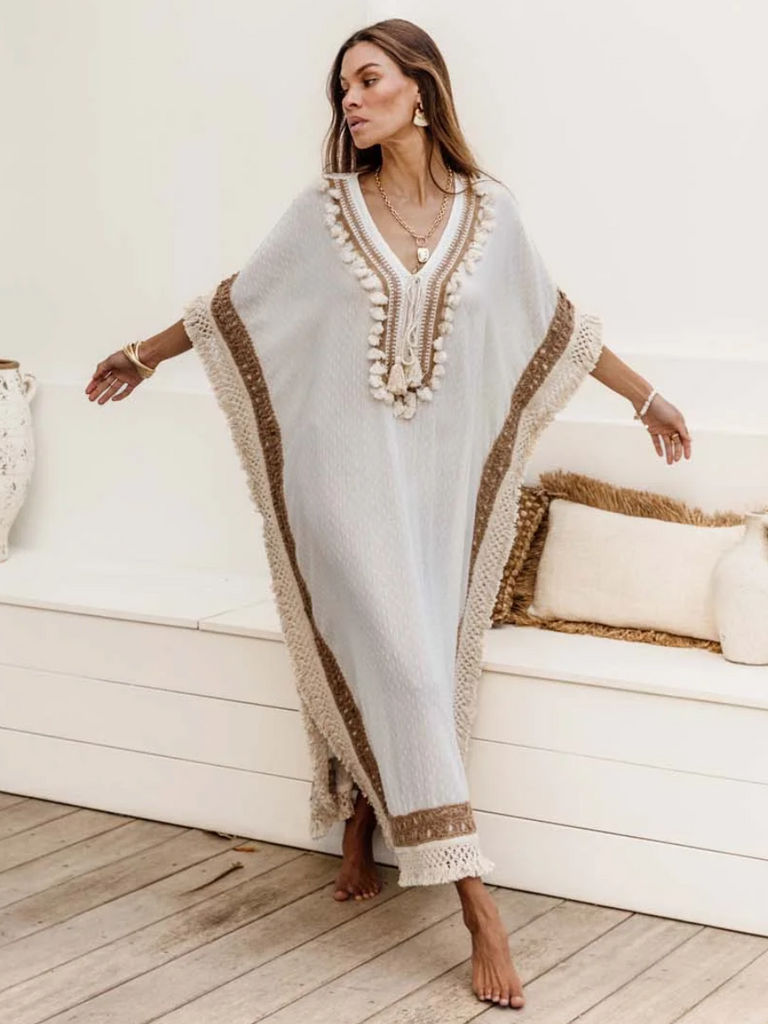 I Am Pylgrym Lordes Long Kaftan Dress in Ecru I Am Pylgrym pilgrim official stockist sydney online Signature of Double Bay in stock womens bohemian coastal clothing bold prints kaftans long dresses