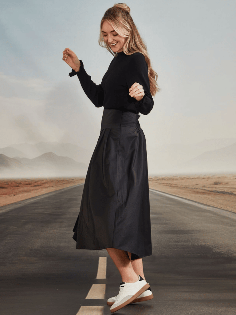 VERGE Midi Stroll Skirt in Black Verge Stockist Online Australia Signature of Double Bay Mature Fashion Acrobat Flattering