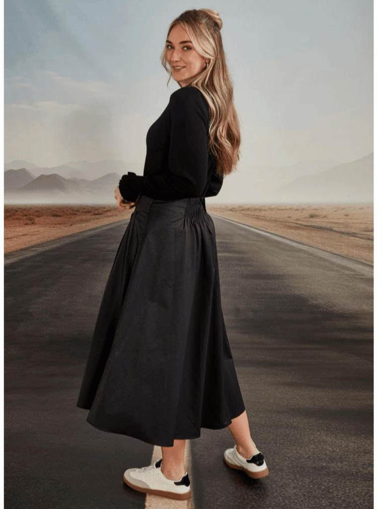 VERGE Midi Stroll Skirt in Black Verge Stockist Online Australia Signature of Double Bay Mature Fashion Acrobat Flattering