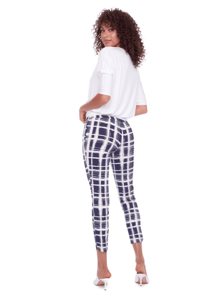 Up! Pants Tummy Control Slim Petal Pant 28" in Greece Print 68026 Blue and white Up Pants Tummy control stockist online Australia flattering body contouring shaping pants high rise waistband signature of double bay Sydney fashion