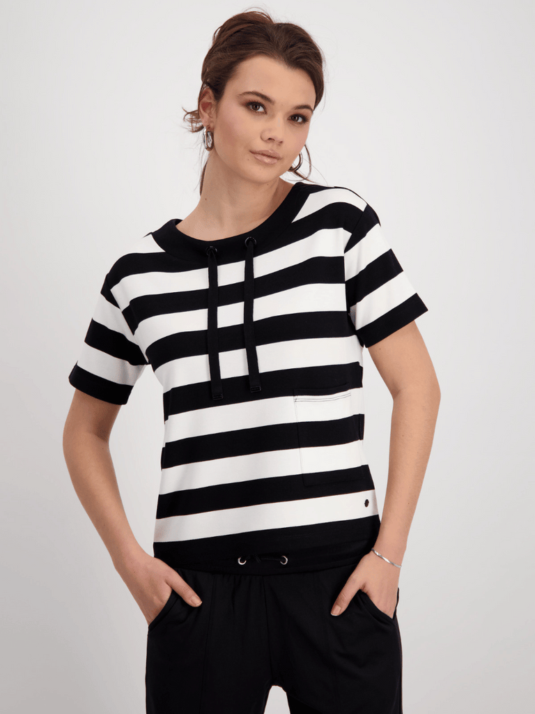 Monari Short Sleeve Tee in Black and Cream Block Stripe Discover the Elegant Monari Collection at Signature of Double Bay, Shop Stylish Knitwear, Dresses, and Tops Online from Sydney's Premier Mature Fashion Boutique