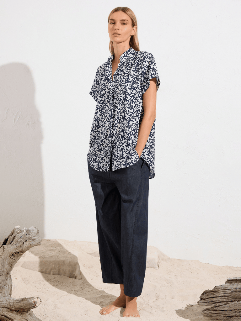 Mela Purdie Soft Stand Shirt in Navy and White Quill Print Stretch Charmeuse 8629 Mela Purdie Stockist Online Australia Signature of Double Bay Tops Dresses Elegant Clothing