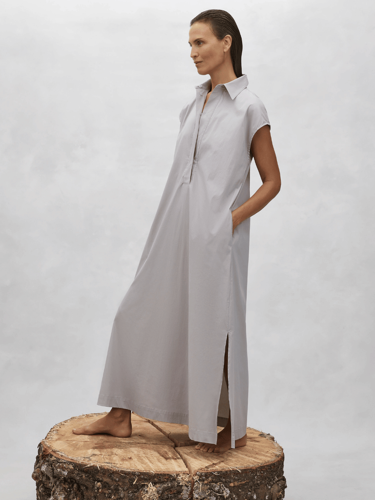 Mela Purdie Safari Dress in Platinum Microprene 3370 Mela Purdie Stockist Online Australia Signature of Double Bay Tops Dresses Elegant Clothing