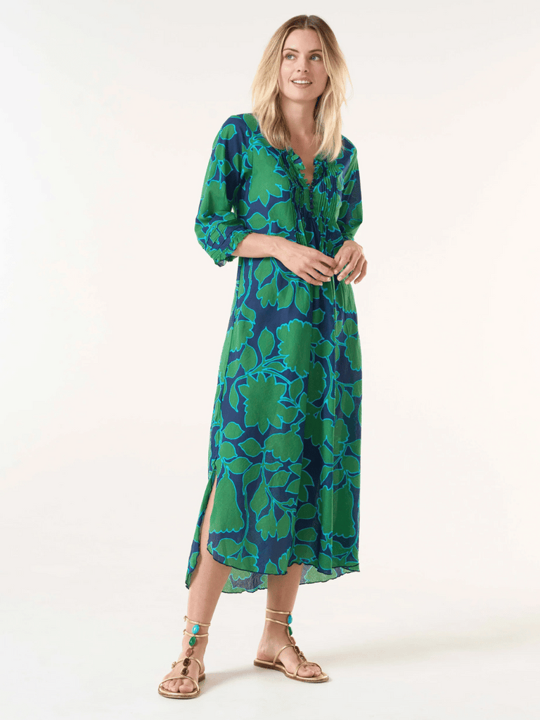 Oneseason Long Poppy Dress in Green Porto Vecchio Print Oneseason One Season lightweight and stylish resort wear Australian fashion label official stockist Signature of Double Bay