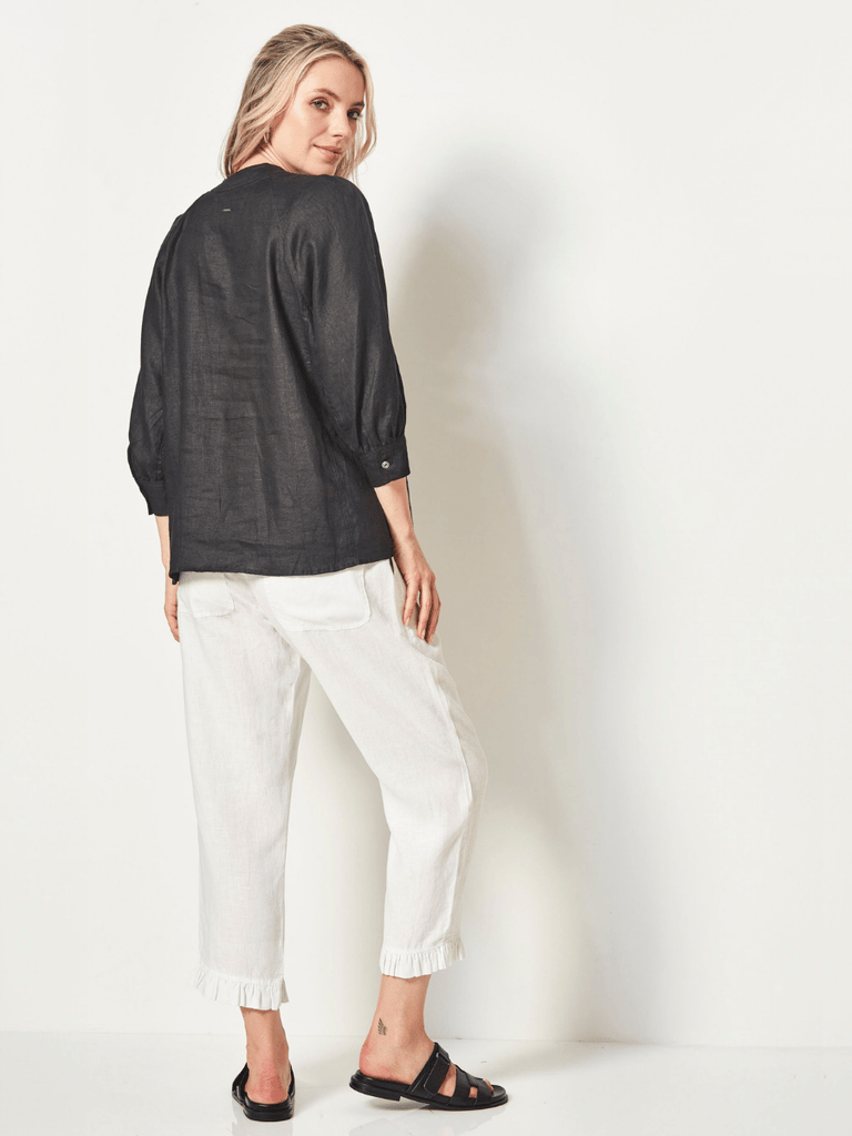 VERGE Linen V Neck Lola Top in Black 8654 Verge Stockist Online Australia Signature of Double Bay Mature Fashion Acrobat Flattering