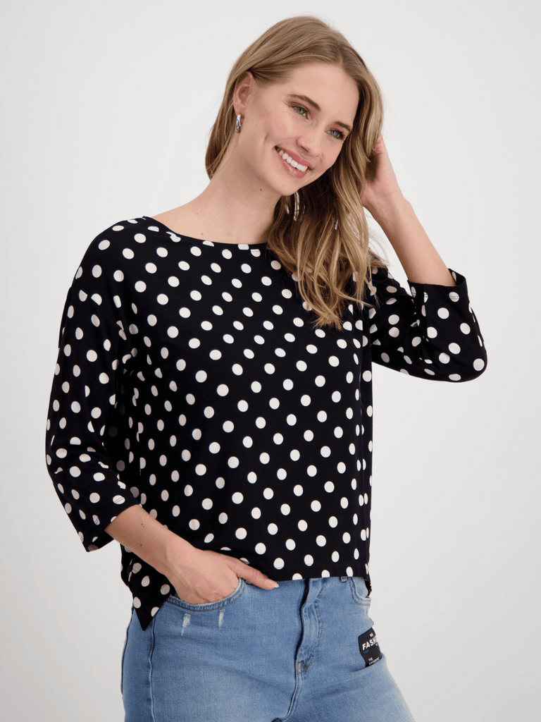 Monari 3/4 Sleeve Top Polkadot Print Discover the Elegant Monari Collection at Signature of Double Bay, Shop Stylish Knitwear, Dresses, and Tops Online from Sydney's Premier Mature Fashion Boutique