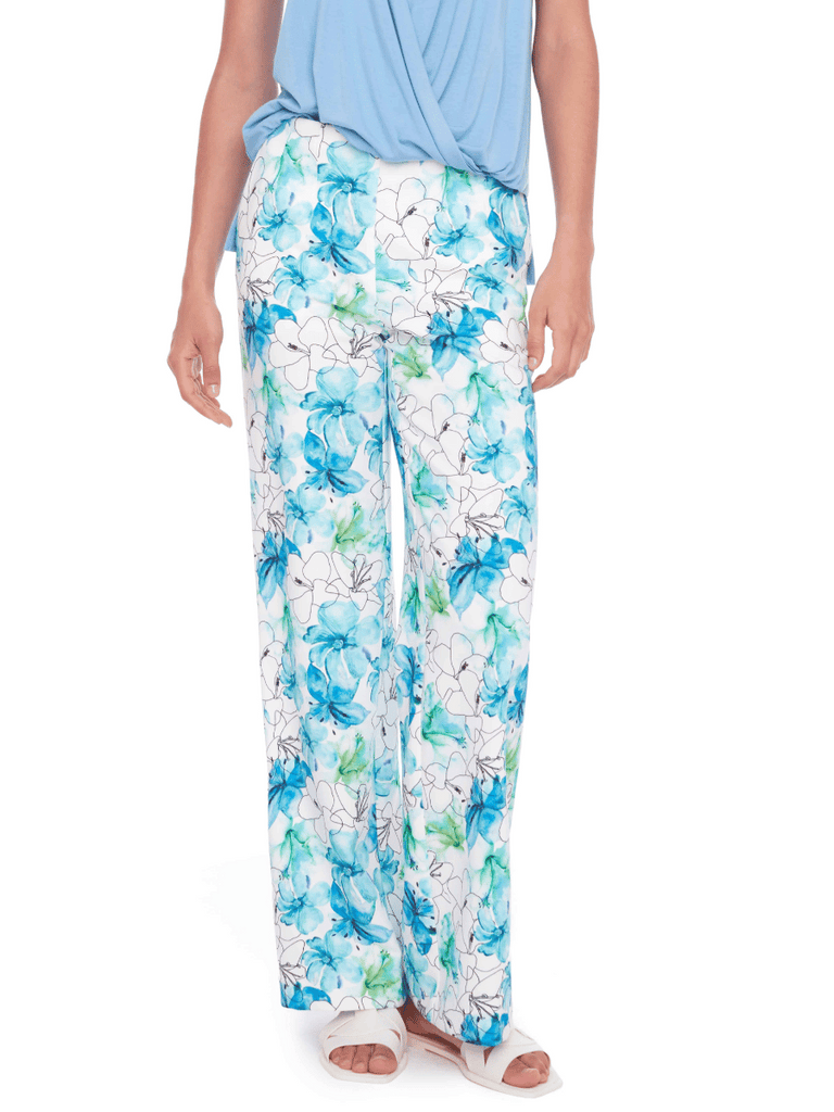 UP! PANTS 31" Tummy Control Palermo Wide Leg Pant in Blue Petal Print 68093 Up Pants Tummy control stockist online Australia flattering body contouring shaping pants high rise waistband signature of double bay Sydney fashion