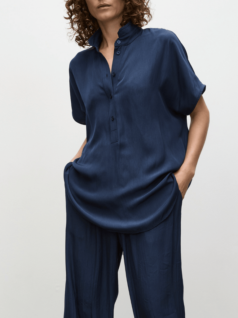 Mela Purdie Tab Stand Shell Top in Galaxy Blue 8646 Mela Purdie Stockist Online Australia Signature of Double Bay Tops Dresses Elegant Clothing