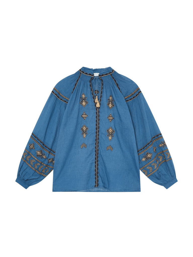 Maison Hotel Audrey Blouse in Celo Finito Dipinto Di Blu Shop Maison Hotel online store shirts pants and dresses in Sydney Australia official stockist Maison Hotel buy Bohemian french style clothing with hand embroidery and vintage style