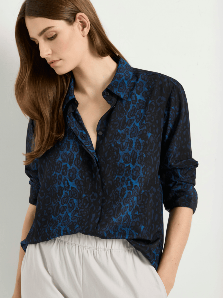 Mela Purdie Soft Shirt in Sapphire Leopard Print Silk 2822 Mela Purdie Stockist Online Australia Signature of Double Bay Tops Dresses Elegant Clothing