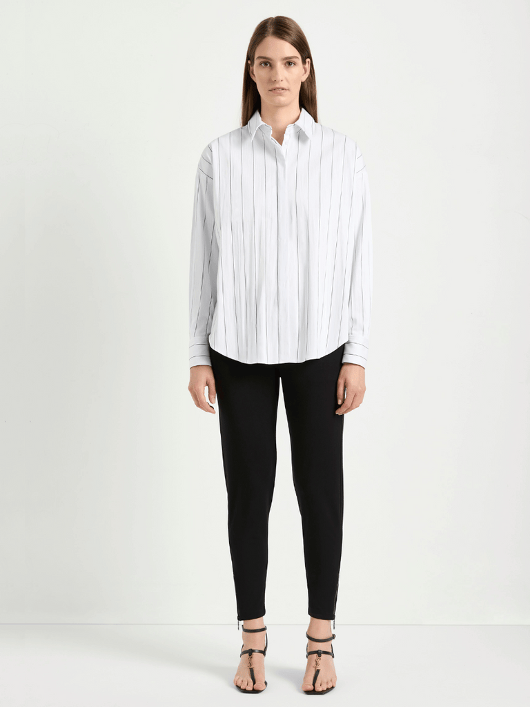 Mela Purdie Relaxed Button Front Mid Shirt in white and black pink stripe poplin 8460 Mela Purdie Stockist Online Australia Signature of Double Bay Tops Dresses Elegant Clothing