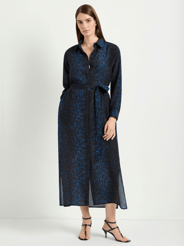 Mela Purdie Tie Shirt Dress in Sapphire Leopard Print Silk 3285 Mela Purdie Stockist Online Australia Signature of Double Bay Tops Dresses Elegant Clothing