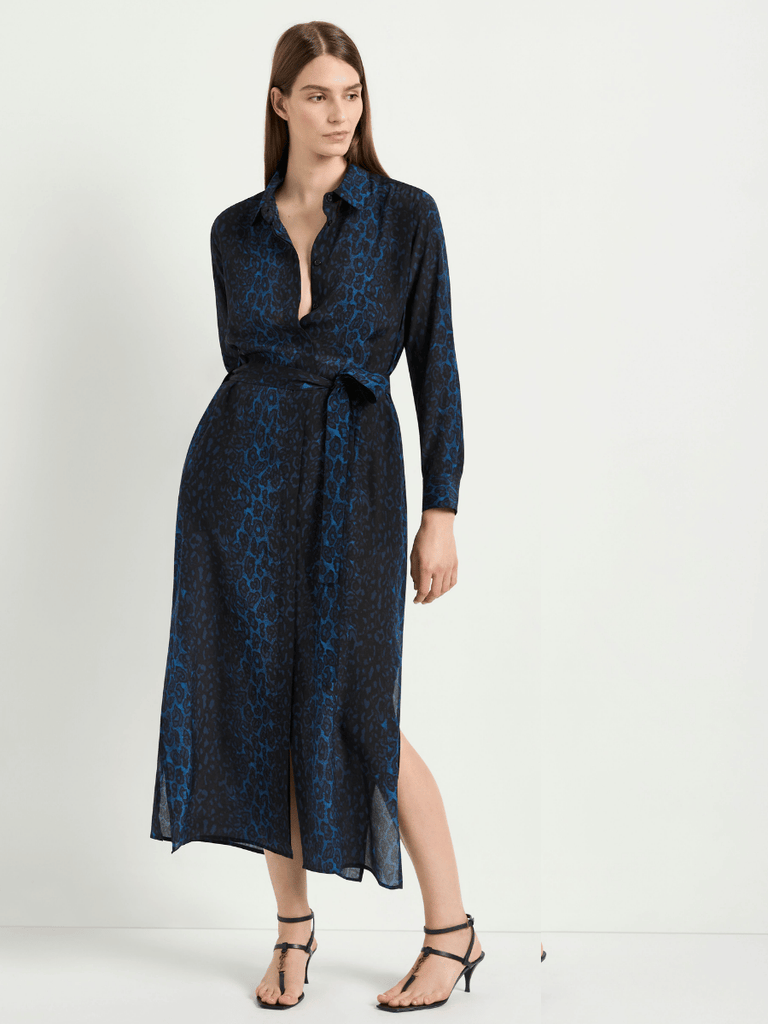 Mela Purdie Tie Shirt Dress in Sapphire Leopard Print Silk 3285 Mela Purdie Stockist Online Australia Signature of Double Bay Tops Dresses Elegant Clothing