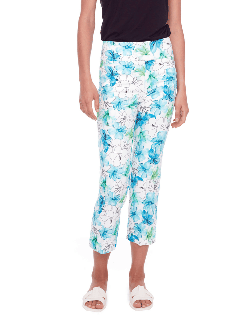 UP! PANTS 25" Tummy Control Luxury Palermo Slim Leg Pant in Blue Petal Print 68107 Up Pants Tummy control stockist online Australia flattering body contouring shaping pants high rise waistband signature of double bay Sydney fashion