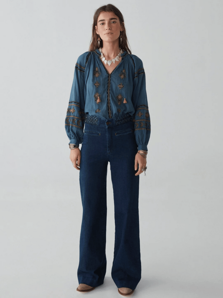 Maison Hotel Audrey Blouse in Celo Finito Dipinto Di Blu Shop Maison Hotel online store shirts pants and dresses in Sydney Australia official stockist Maison Hotel buy Bohemian french style clothing with hand embroidery and vintage style