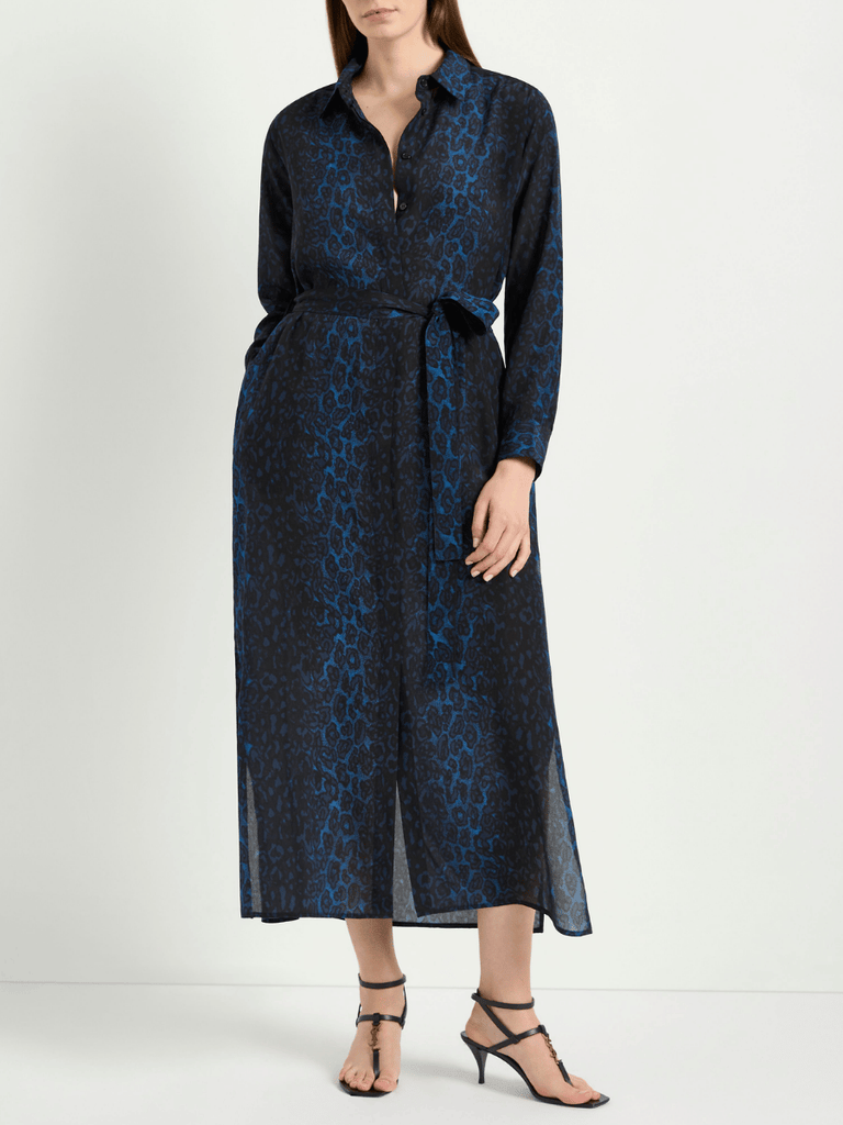 Mela Purdie Tie Shirt Dress in Sapphire Leopard Print Silk 3285 Mela Purdie Stockist Online Australia Signature of Double Bay Tops Dresses Elegant Clothing