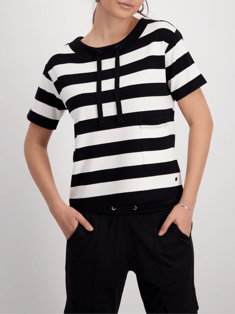 Monari Short Sleeve Tee in Black and Cream Block Stripe Discover the Elegant Monari Collection at Signature of Double Bay, Shop Stylish Knitwear, Dresses, and Tops Online from Sydney's Premier Mature Fashion Boutique