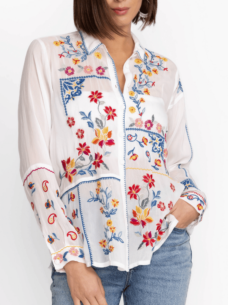 Johnny Was Zodea Button Front Collar Blouse with Floral Embroidery C14124 Shop Johnny Was Stockist Sydney Australia Boho Chic Clothing, Embroidered Dresses, and Unique Tops at Signature of Double Bay