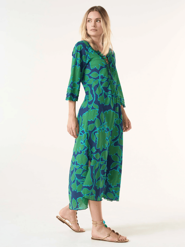 Oneseason Long Poppy Dress in Green Porto Vecchio Print Oneseason One Season lightweight and stylish resort wear Australian fashion label official stockist Signature of Double Bay