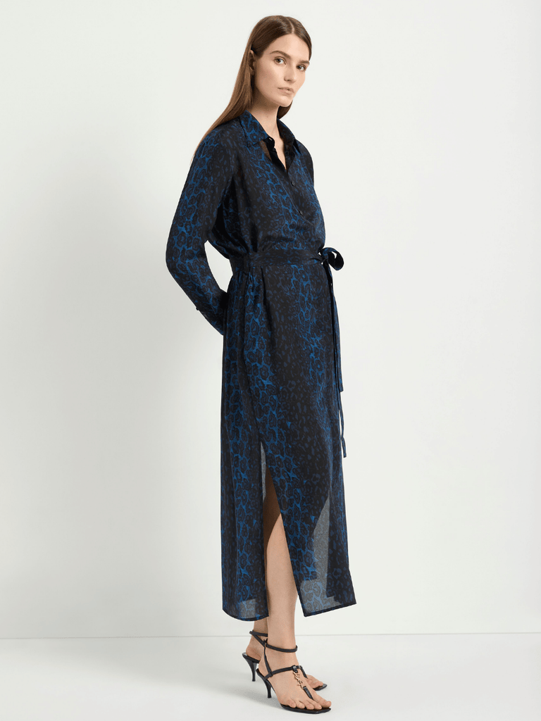 Mela Purdie Tie Shirt Dress in Sapphire Leopard Print Silk 3285 Mela Purdie Stockist Online Australia Signature of Double Bay Tops Dresses Elegant Clothing