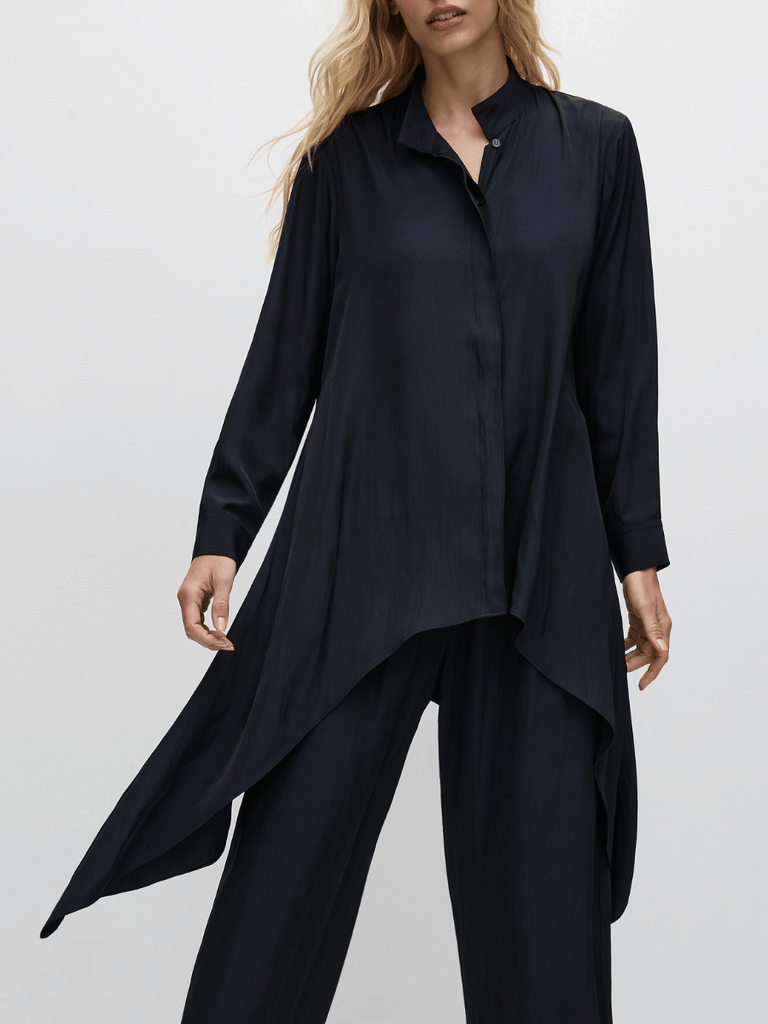 Mela Purdie Asymmetrical Deco Shirt in Navy 8697 Mela Purdie Stockist Online Australia Signature of Double Bay Tops Dresses Elegant Clothing