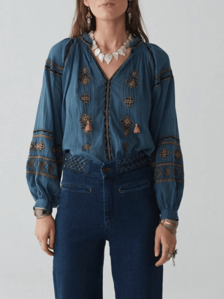 Maison Hotel Audrey Blouse in Celo Finito Dipinto Di Blu Shop Maison Hotel online store shirts pants and dresses in Sydney Australia official stockist Maison Hotel buy Bohemian french style clothing with hand embroidery and vintage style