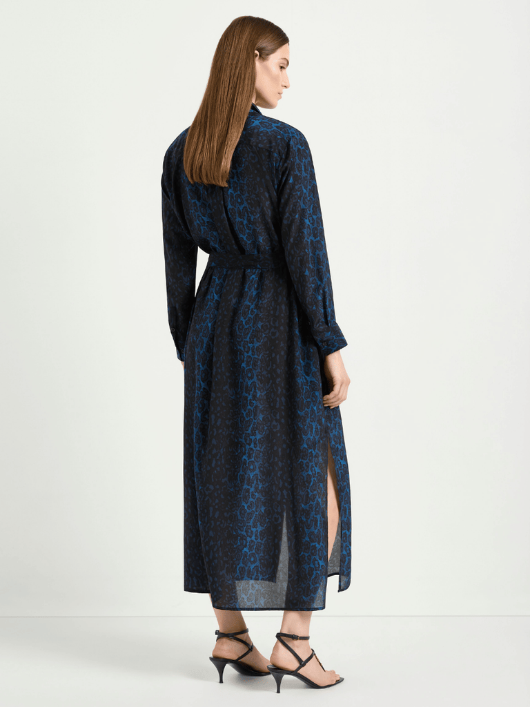 Mela Purdie Tie Shirt Dress in Sapphire Leopard Print Silk 3285 Mela Purdie Stockist Online Australia Signature of Double Bay Tops Dresses Elegant Clothing