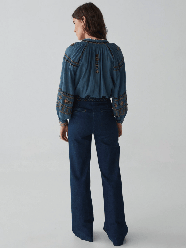 Maison Hotel Audrey Blouse in Celo Finito Dipinto Di Blu Shop Maison Hotel online store shirts pants and dresses in Sydney Australia official stockist Maison Hotel buy Bohemian french style clothing with hand embroidery and vintage style