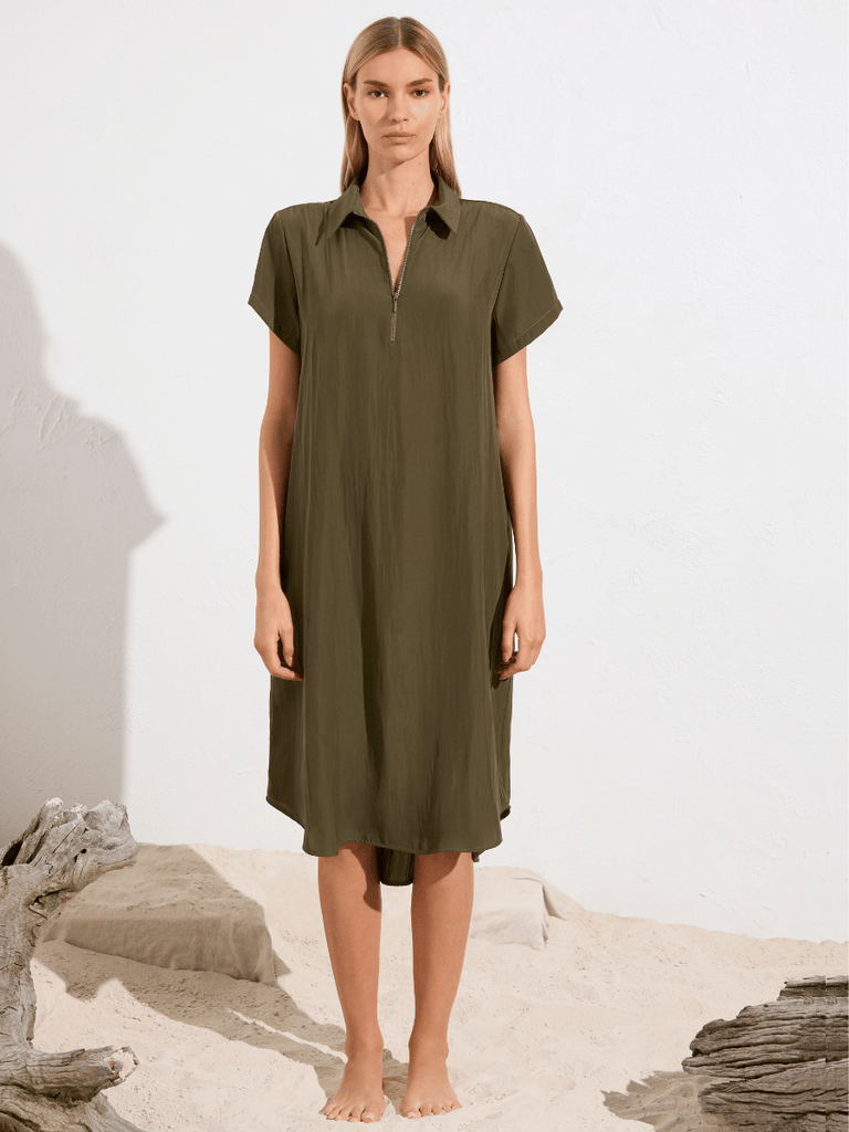 Mela Purdie SS Zip Dress in Seaweed Maché 3343 Mela Purdie Stockist Online Australia Signature of Double Bay Tops Dresses Elegant Clothing