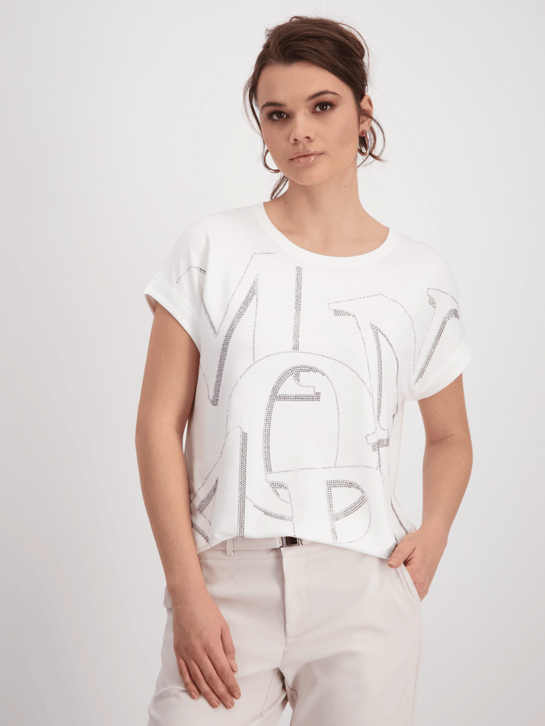 Monari Cap Sleeve T-Shirt Sparkling Bling Design Front in Off-White 408507 Discover the Elegant Monari Collection at Signature of Double Bay, Shop Stylish Knitwear, Dresses, and Tops Online from Sydney's Premier Mature Fashion Boutique