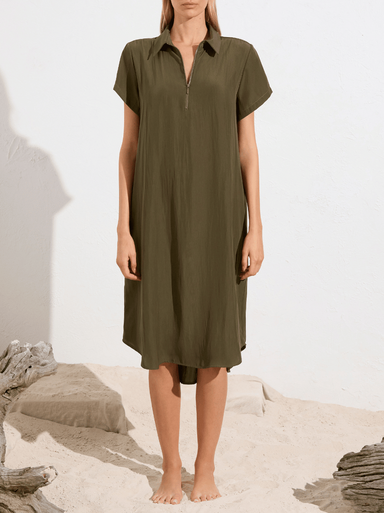 Mela Purdie SS Zip Dress in Seaweed Maché 3343 Mela Purdie Stockist Online Australia Signature of Double Bay Tops Dresses Elegant Clothing