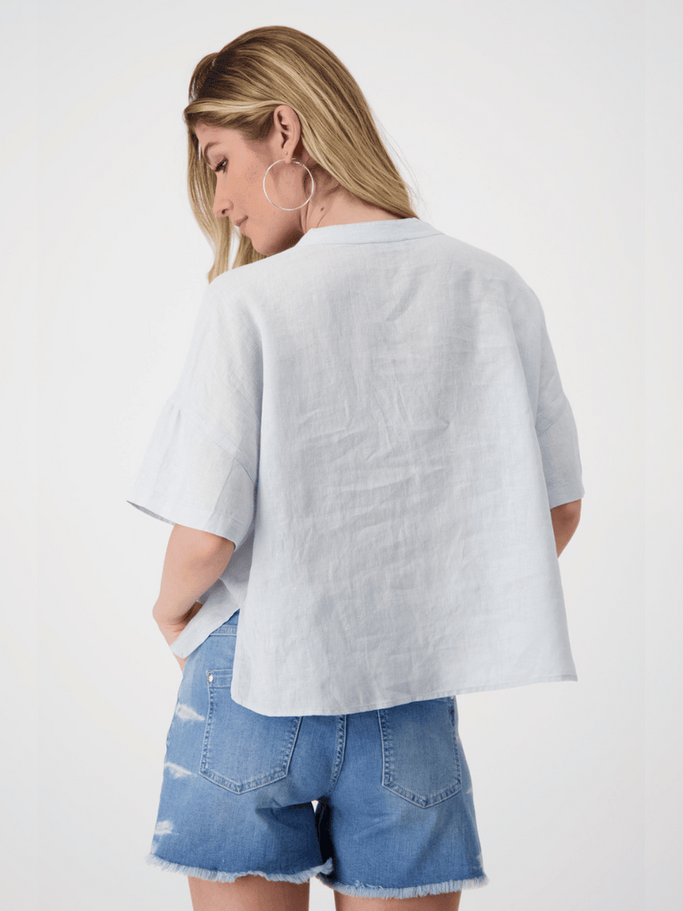 Monari Oversize Linen Blouse in Sky Blue Discover the Elegant Monari Collection at Signature of Double Bay, Shop Stylish Knitwear, Dresses, and Tops Online from Sydney's Premier Mature Fashion Boutique