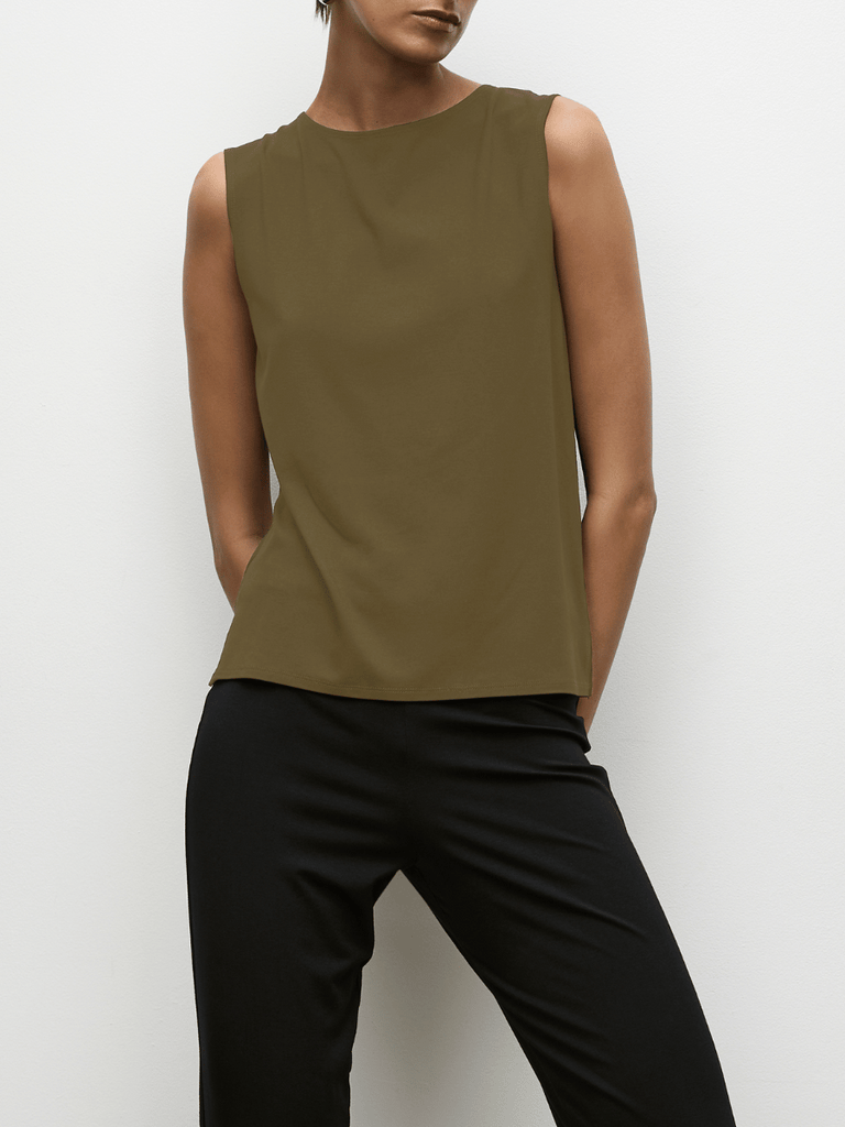 Mela Purdie Sleeveless Singlet Top Palazzo Shell in Zulu Olive Green 284 Mela Purdie Stockist Online Australia Signature of Double Bay Tops Dresses Elegant Clothing