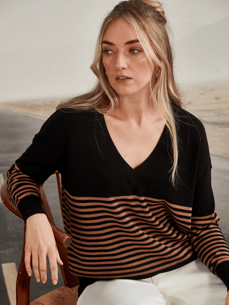 VERGE Brag Sweater in Black Stripe Verge Stockist Online Australia Signature of Double Bay Mature Fashion Acrobat Flattering