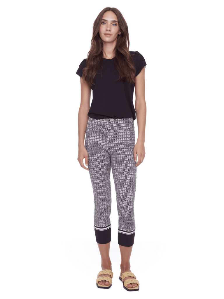 UP! PANTS 25” Tummy Control Slim Leg Crop Pant in Black and White Border Print 68113 Up Pants Tummy control stockist online Australia flattering body contouring shaping pants high rise waistband signature of double bay Sydney fashion